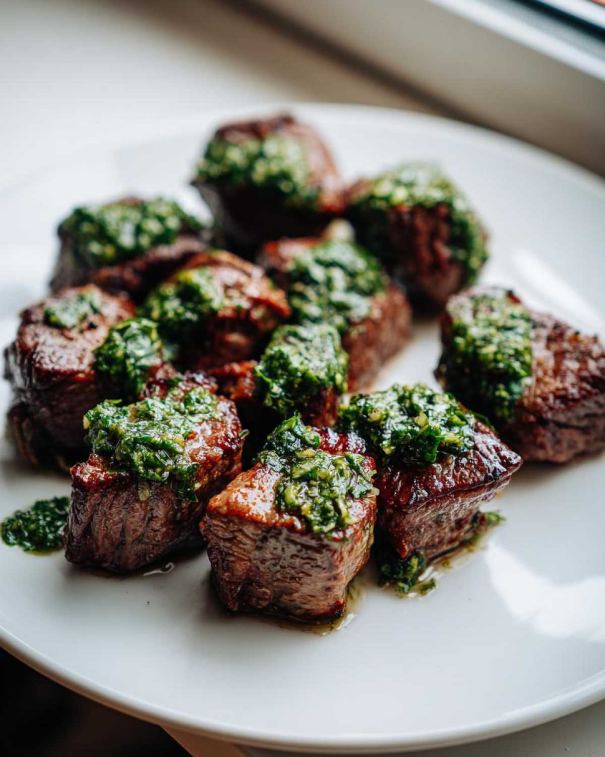 Close-up of seared Garlic Butter Steak Bites generously topped with a vibrant green herb sauce on a white plate.
