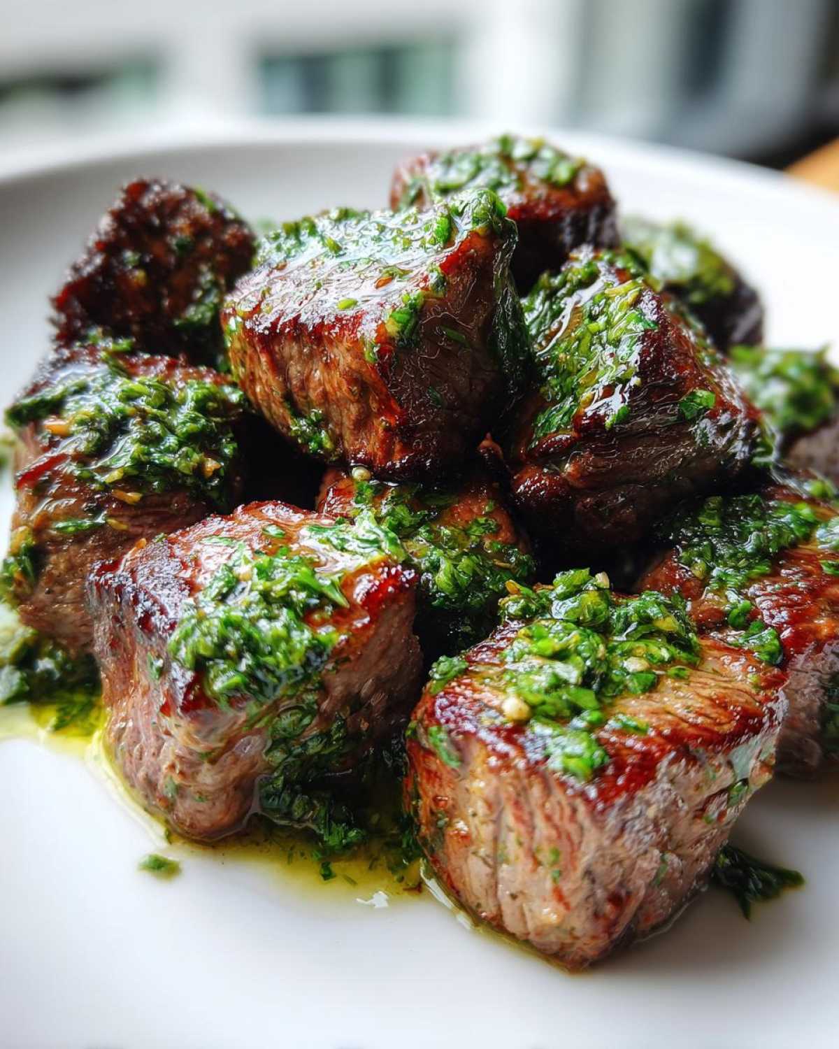 Close-up of pan-seared Garlic Butter Steak Bites generously topped with a bright green herb sauce.