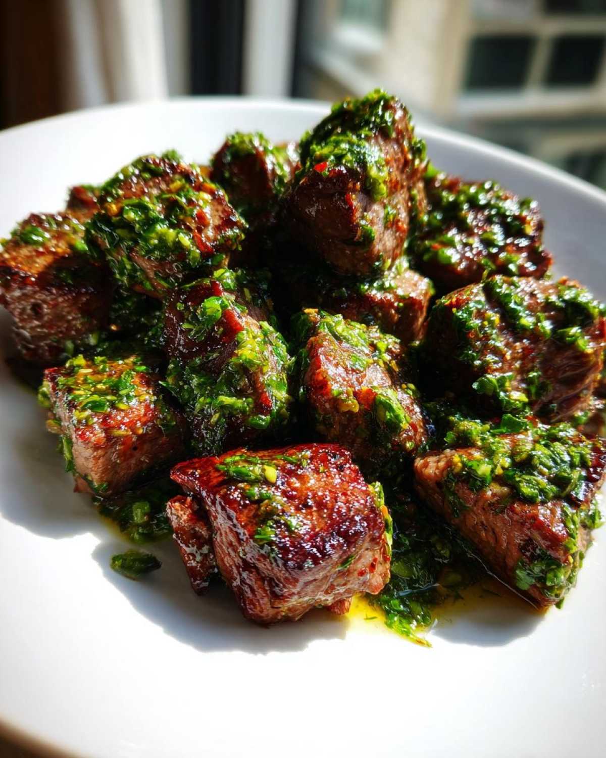 Close-up of perfectly seared Garlic Butter Steak Bites generously topped with a vibrant green herb sauce.