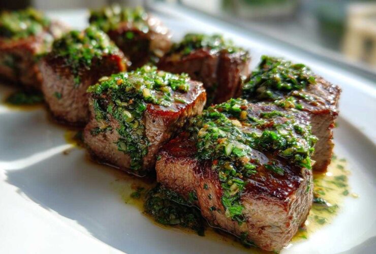 Close-up of seared Garlic Butter Steak Bites generously topped with a vibrant green herb sauce.