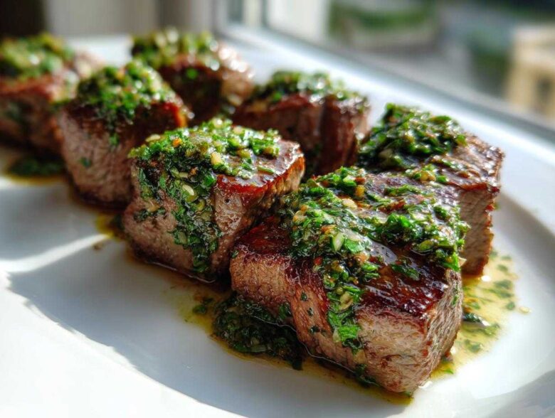 Close-up of seared Garlic Butter Steak Bites generously topped with a vibrant green herb sauce.