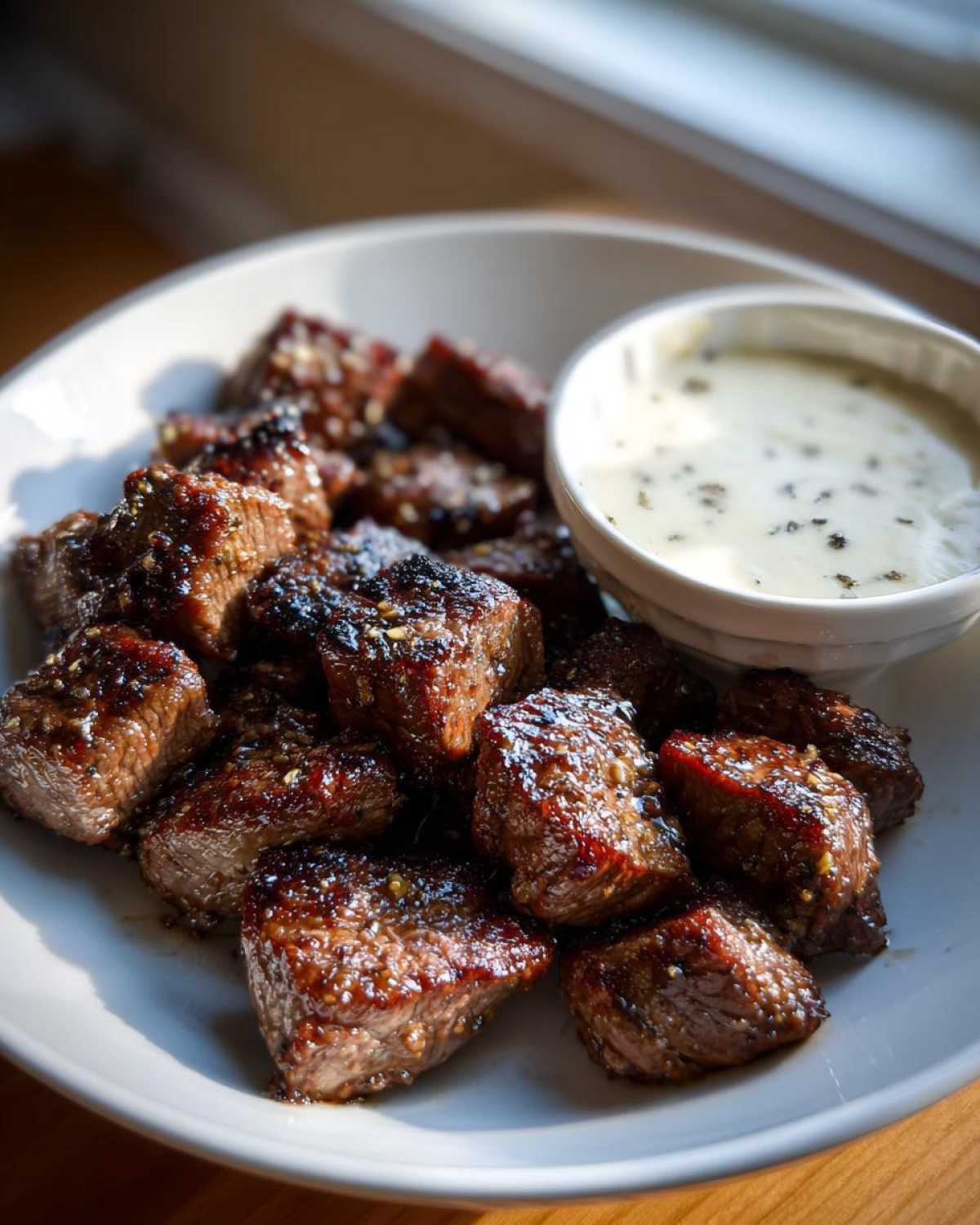 Close-up of perfectly seared Garlic Butter Steak Bites served on a white plate next to a small bowl of creamy garlic sauce.