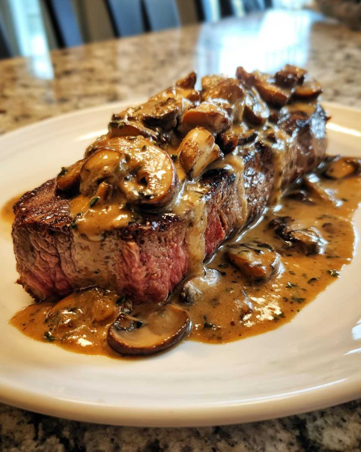 A perfectly cooked steak topped generously with creamy mushroom sauce in this Garlic Butter Steak recipe.