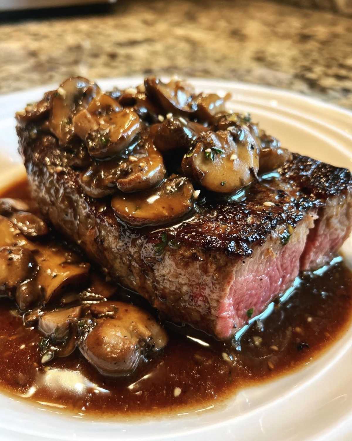 Perfectly cooked steak topped with sautéed mushrooms and rich sauce, showcasing the Garlic Butter Steak with Creamy Mushroom Sauce.