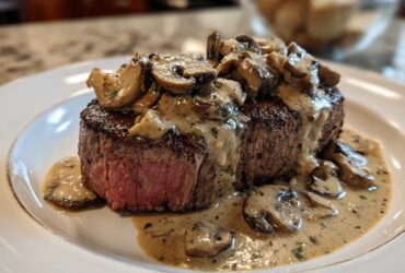 A perfectly cooked medium-rare steak topped with creamy mushroom sauce and sliced mushrooms, featuring Garlic Butter Steak with Creamy Mushroom Sauce.