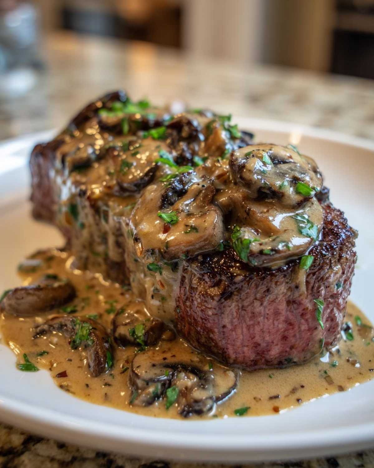 Close-up of a perfectly cooked steak smothered in creamy mushroom sauce and garnished with parsley.