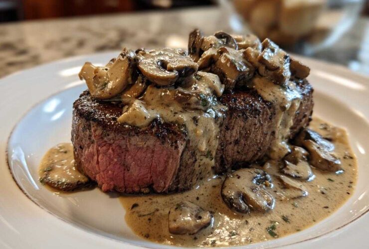 A perfectly cooked medium-rare steak topped with creamy mushroom sauce and sliced mushrooms, featuring Garlic Butter Steak with Creamy Mushroom Sauce.