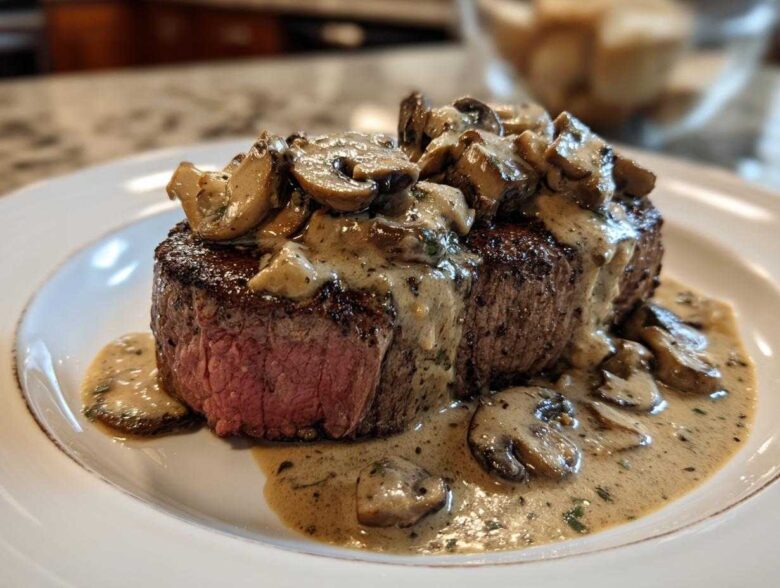A perfectly cooked medium-rare steak topped with creamy mushroom sauce and sliced mushrooms, featuring Garlic Butter Steak with Creamy Mushroom Sauce.