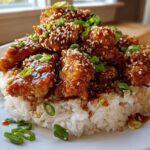 A mound of crispy Honey Garlic Chicken Bites glazed with sauce and topped with sesame seeds and green onions, served over white rice.