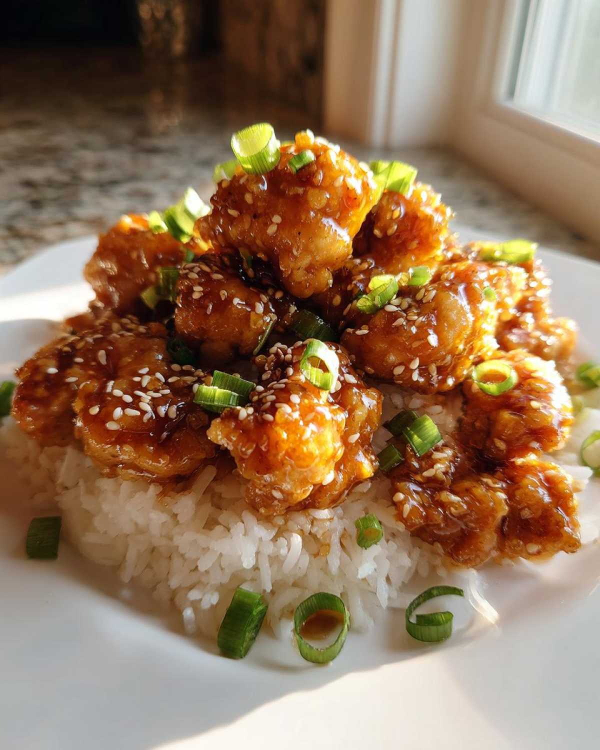 Close-up of Honey Garlic Chicken Bites glazed with sauce, sprinkled with sesame seeds and green onions, served over white rice.
