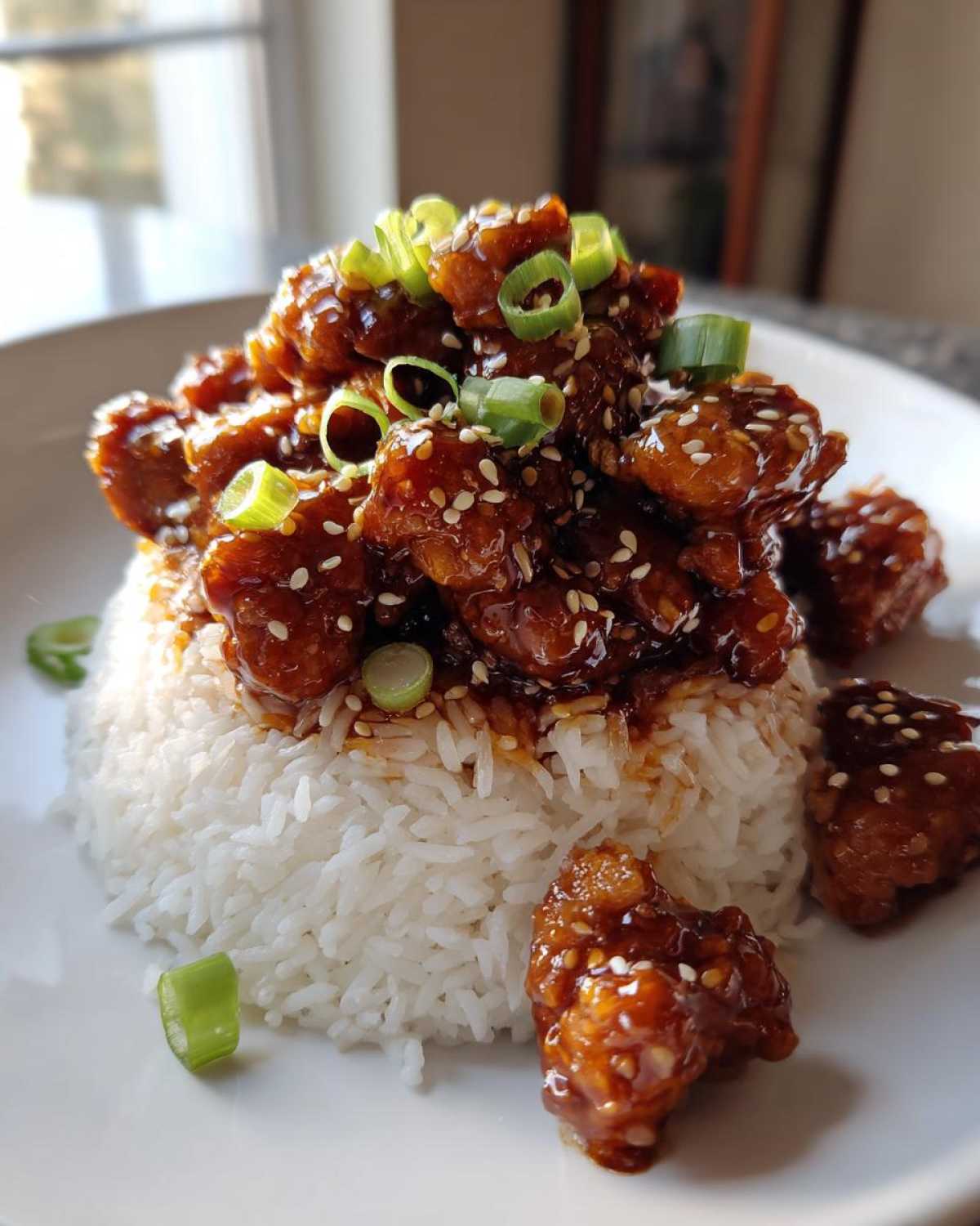 A mound of white rice topped with sticky, glazed Honey Garlic Chicken Bites, sprinkled with sesame seeds and green onions.