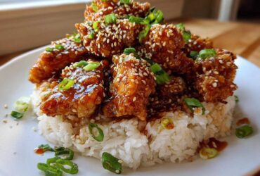 A mound of crispy Honey Garlic Chicken Bites glazed with sauce and topped with sesame seeds and green onions, served over white rice.