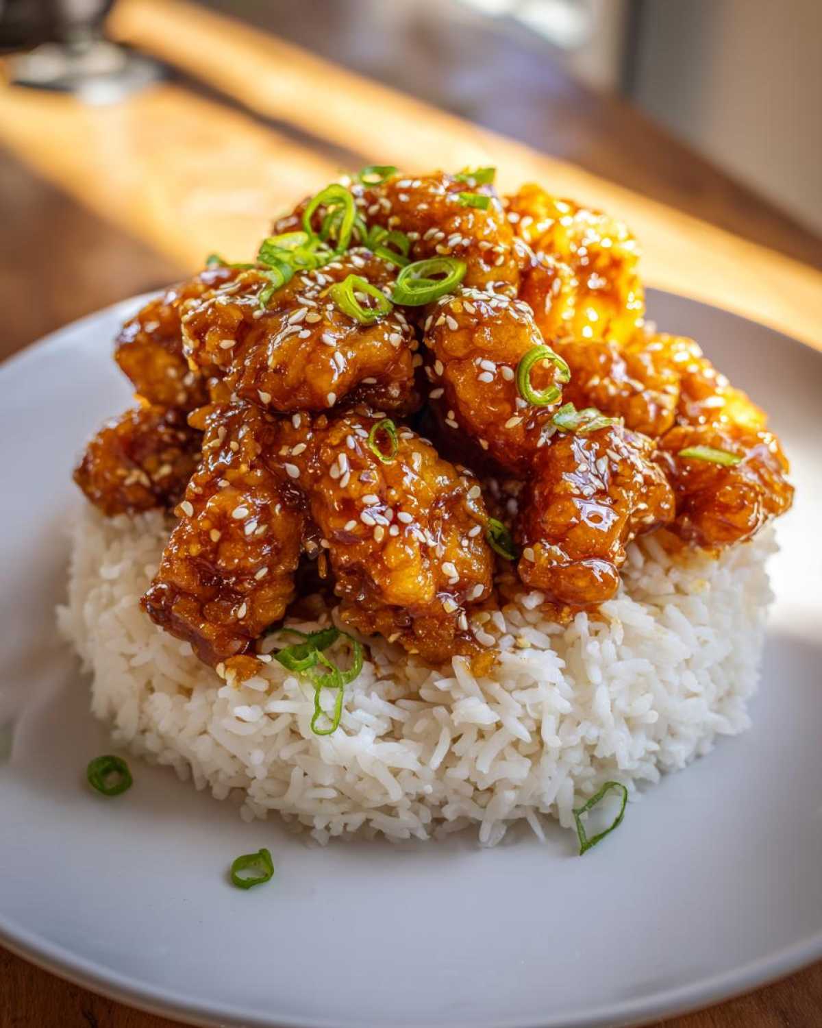 A mound of glistening Honey Garlic Chicken Bites piled high on white rice, garnished with sesame seeds and green onions.