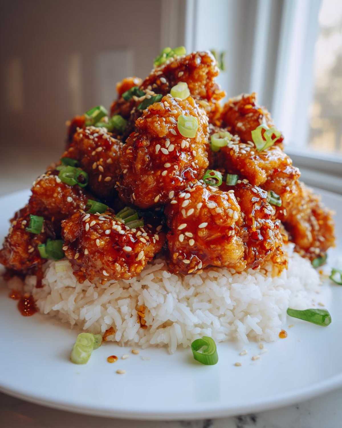 A mound of crispy, glazed Honey Garlic Chicken Bites piled high on a bed of white rice, garnished with sesame seeds and green onions.