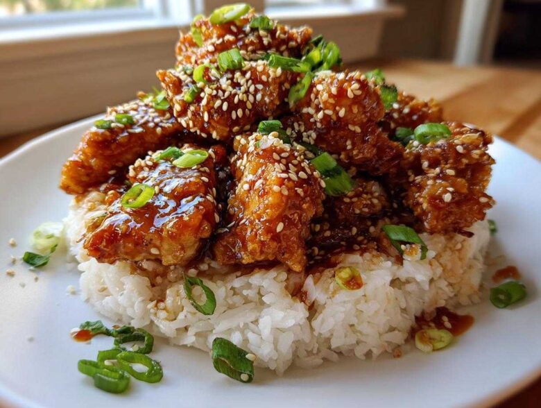 A mound of crispy Honey Garlic Chicken Bites glazed with sauce and topped with sesame seeds and green onions, served over white rice.