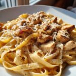 Close-up of Honey Garlic Chicken Pasta with fettuccine noodles in a rich cream sauce, topped with chicken pieces and grated cheese.