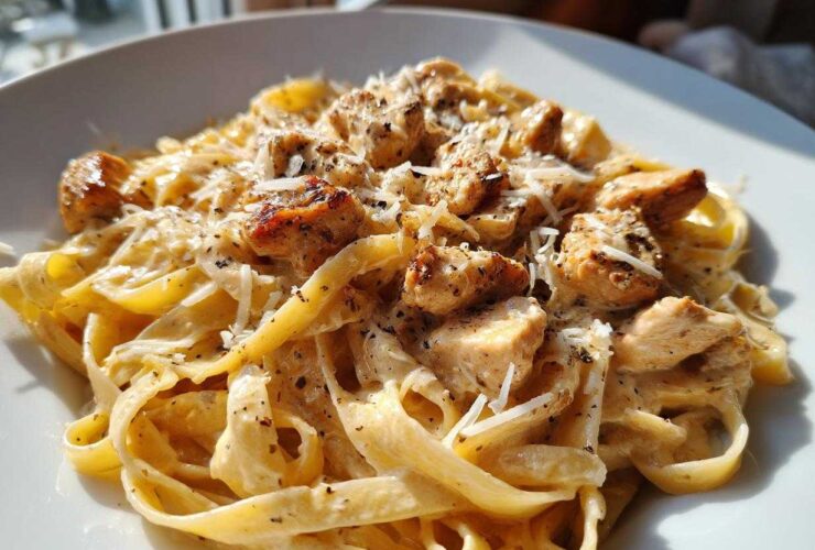 Close-up of Honey Garlic Chicken Pasta with fettuccine noodles in a rich cream sauce, topped with chicken pieces and grated cheese.