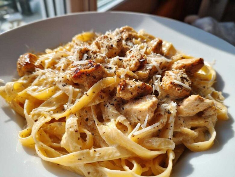 Close-up of Honey Garlic Chicken Pasta with fettuccine noodles in a rich cream sauce, topped with chicken pieces and grated cheese.