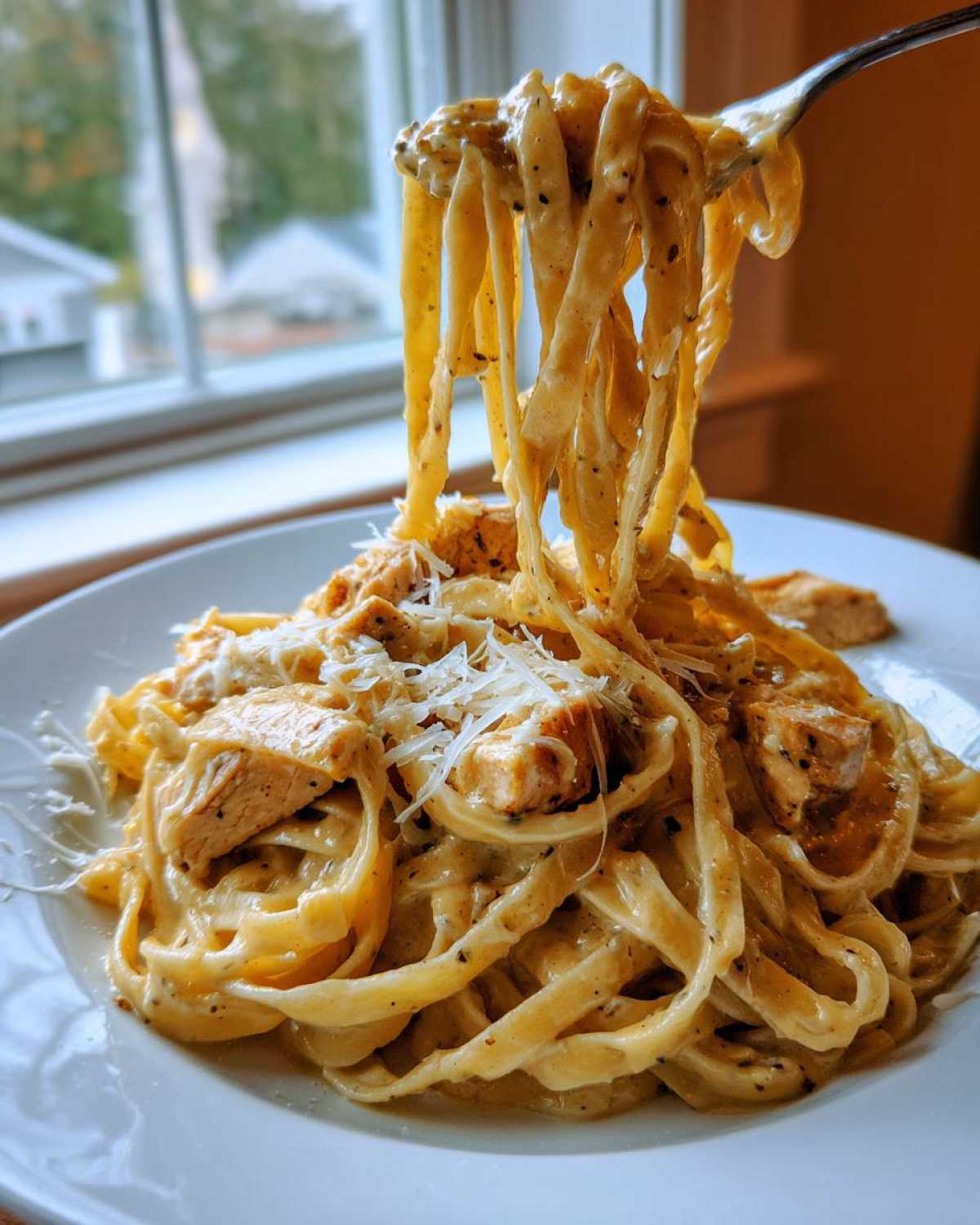 A fork lifts a generous serving of creamy Honey Garlic Chicken Pasta, showing fettuccine noodles coated in sauce and topped with chicken pieces and Parmesan.