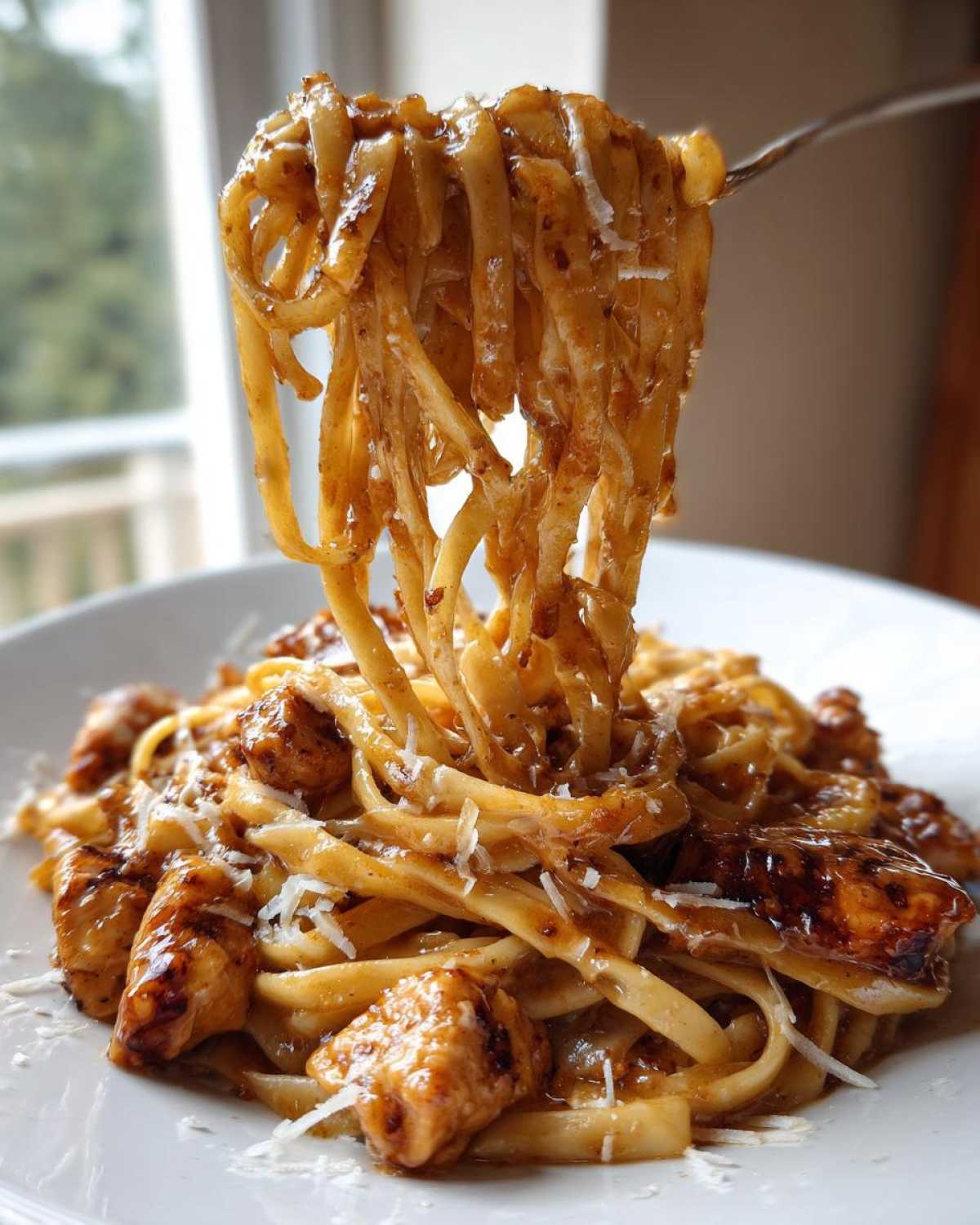 A fork lifts a large swirl of fettuccine coated in rich sauce from a plate of Honey Garlic Chicken Pasta with Cream Sauce.