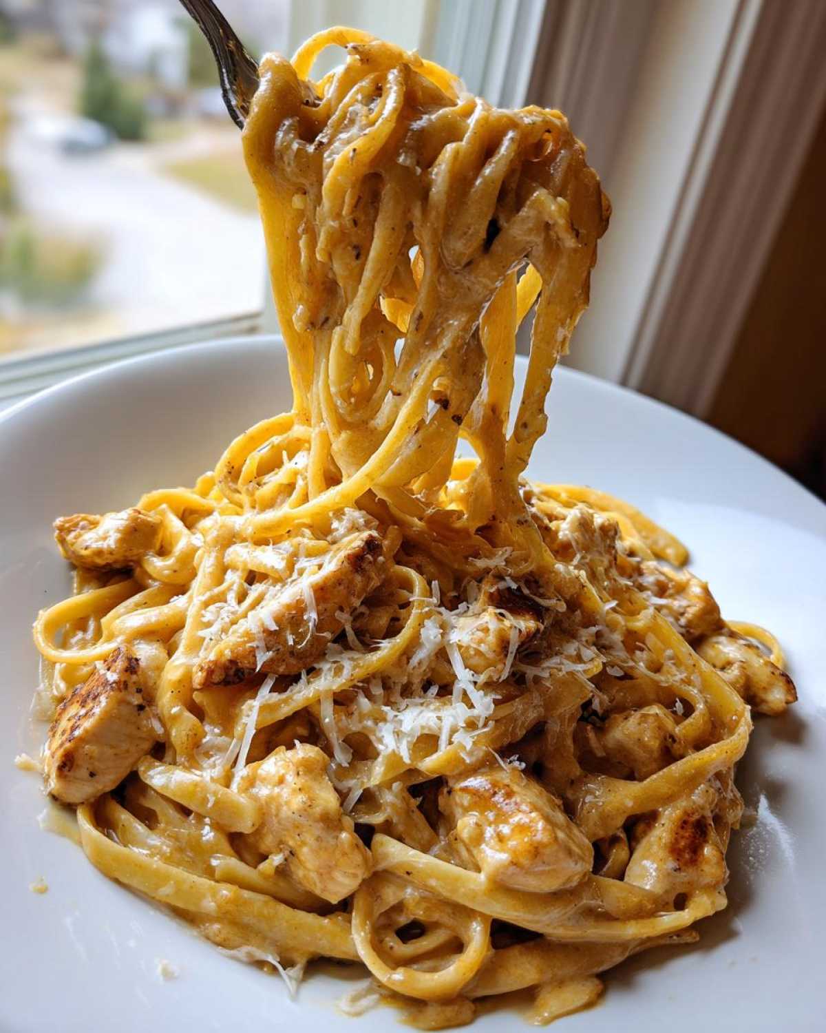 A fork lifts a generous serving of Honey Garlic Chicken Pasta with Cream Sauce, showing coated linguine noodles and chunks of chicken.