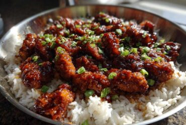 Close-up of glistening Honey Garlic Chicken Skillet pieces served over white rice and garnished with chopped green onions.