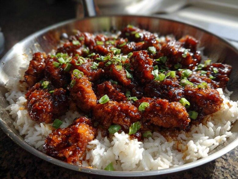 Close-up of glistening Honey Garlic Chicken Skillet pieces served over white rice and garnished with chopped green onions.