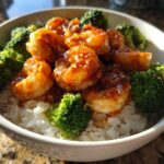 Close-up of a Honey Garlic Shrimp Bowl Quick Dinner featuring glazed shrimp, steamed broccoli florets, and white rice in a white bowl.