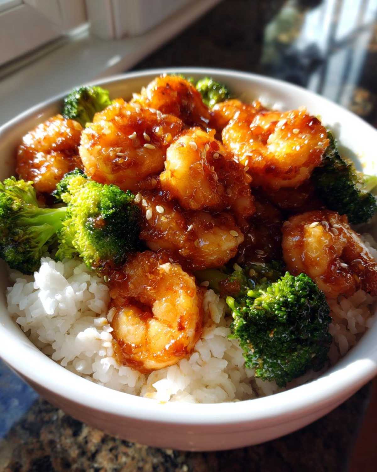 Close-up of a Honey Garlic Shrimp Bowl Quick Dinner featuring glazed shrimp, bright green broccoli florets, and white rice in a bowl.