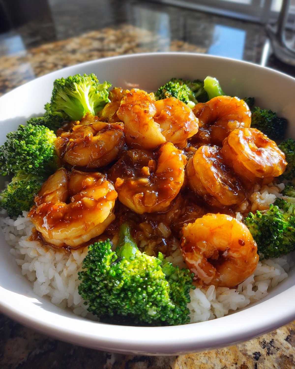 Close-up of a Honey Garlic Shrimp Bowl Quick Dinner featuring glazed shrimp, steamed broccoli, and white rice in a white bowl.