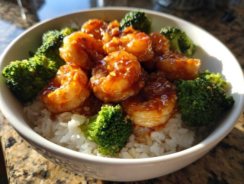 Close-up of a Honey Garlic Shrimp Bowl Quick Dinner featuring glazed shrimp, steamed broccoli florets, and white rice in a white bowl.