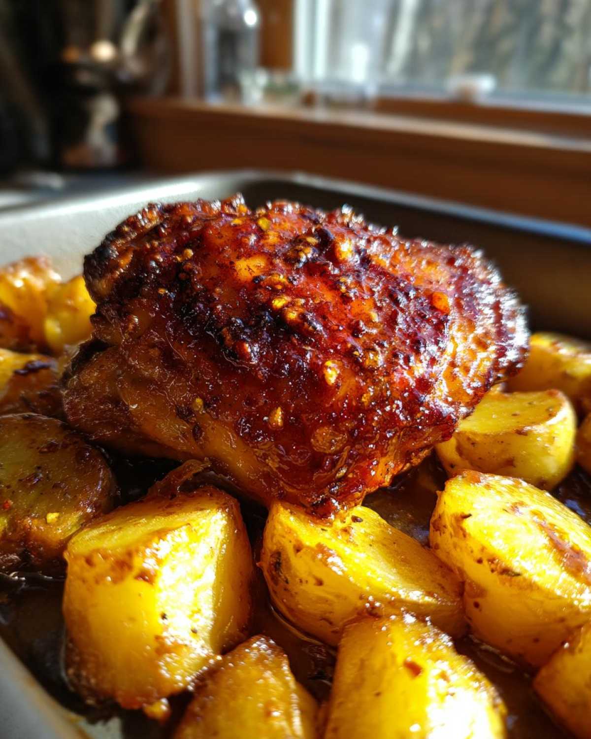 Close-up of a glazed chicken thigh surrounded by roasted potatoes in a Honey Mustard Chicken Bake.