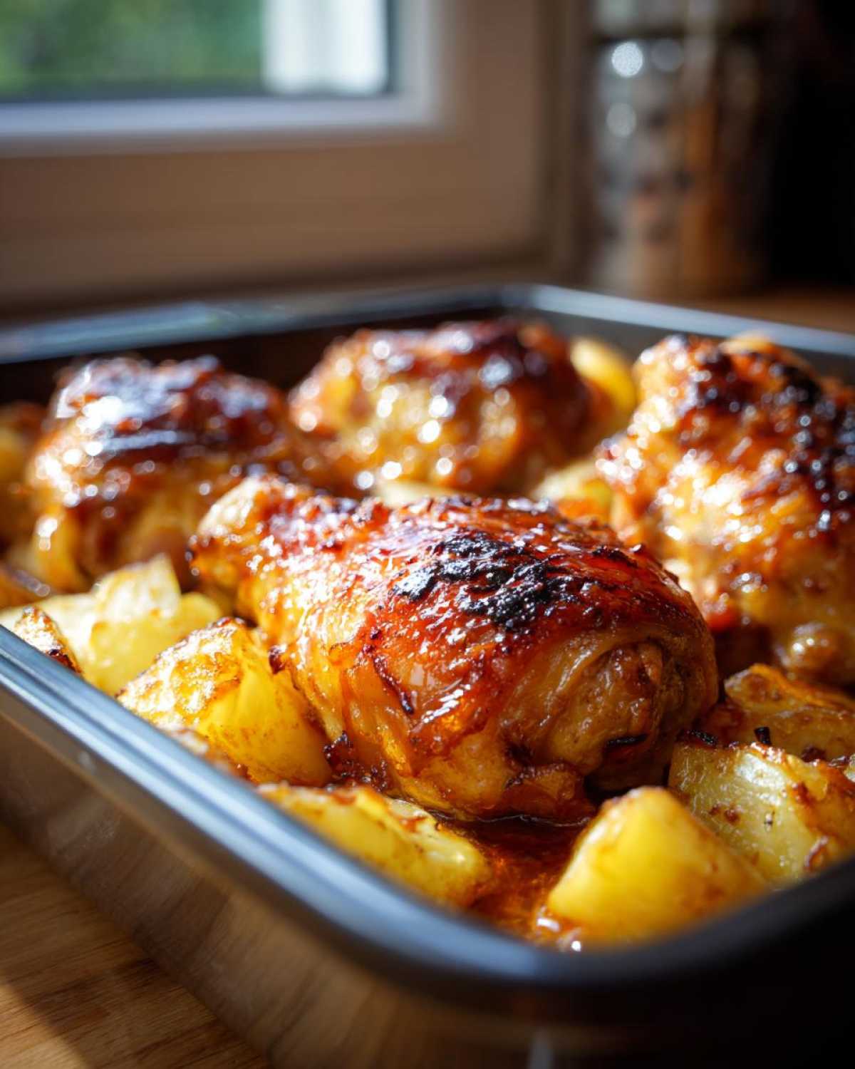 Close-up of glazed chicken drumsticks resting on roasted potatoes in a baking dish for the Honey Mustard Chicken Bake with Potatoes.