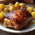 Close-up of a perfectly baked chicken thigh with a dark, glossy honey mustard glaze next to roasted potatoes.