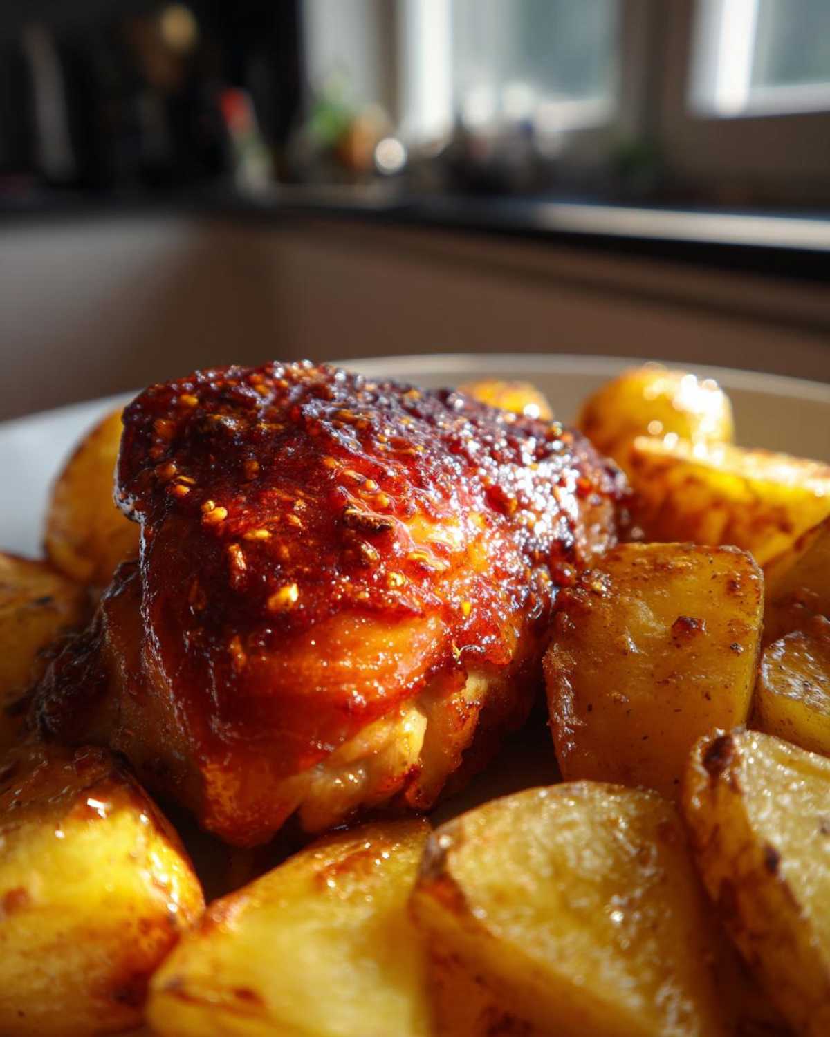 Close-up of a piece of golden-brown chicken with a shiny, textured glaze, surrounded by roasted potatoes from the Honey Mustard Chicken Bake with Potatoes.