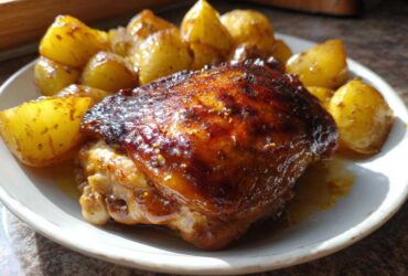 Close-up of a perfectly baked chicken thigh with a dark, glossy honey mustard glaze next to roasted potatoes.