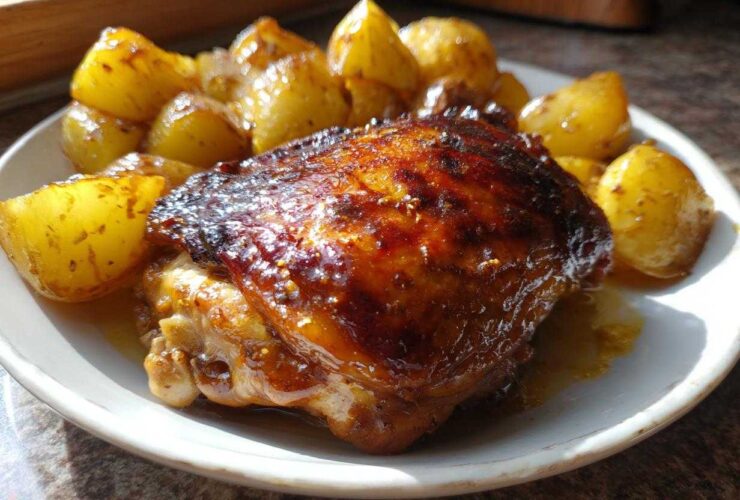 Close-up of a perfectly baked chicken thigh with a dark, glossy honey mustard glaze next to roasted potatoes.