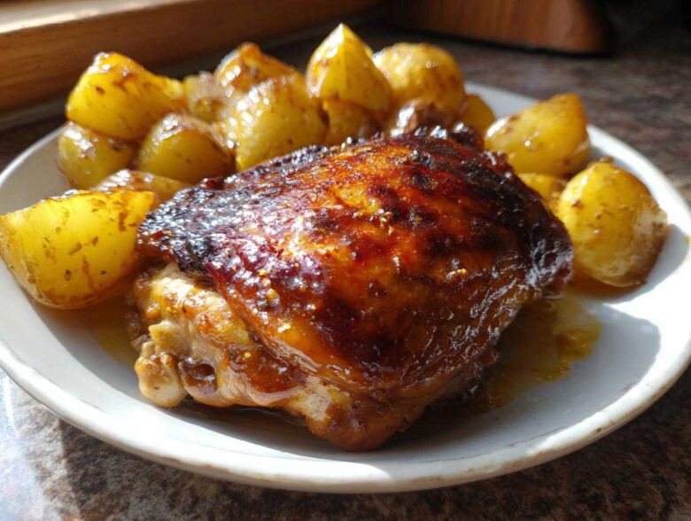 Close-up of a perfectly baked chicken thigh with a dark, glossy honey mustard glaze next to roasted potatoes.