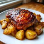 A close-up of a perfectly cooked Honey Mustard Chicken Bake with Potatoes, featuring a glossy, caramelized honey mustard glaze.