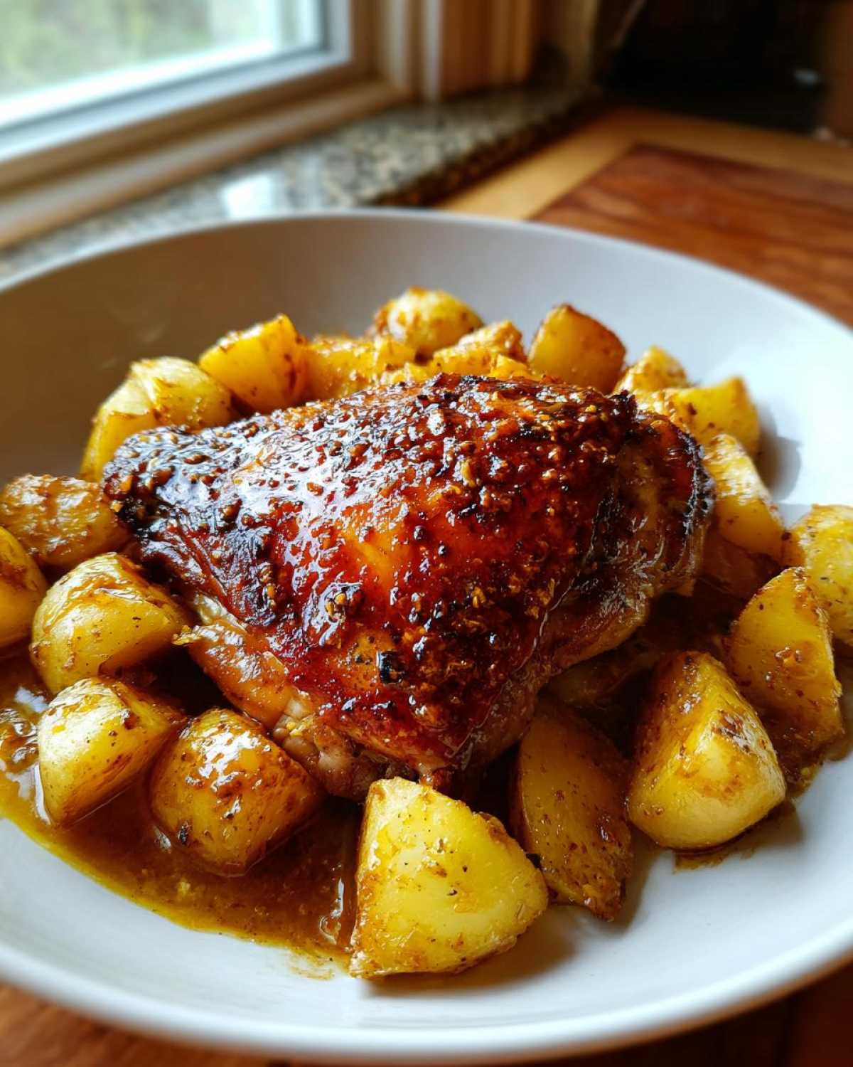 A close-up of a Honey Mustard Chicken Bake with Potatoes, featuring a glazed chicken thigh surrounded by roasted, sauce-coated potato wedges.