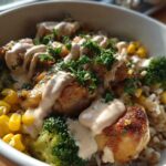 Close-up of a Honey Mustard Chicken Bowl featuring seared chicken pieces, corn, broccoli, and drizzled with a creamy sauce.