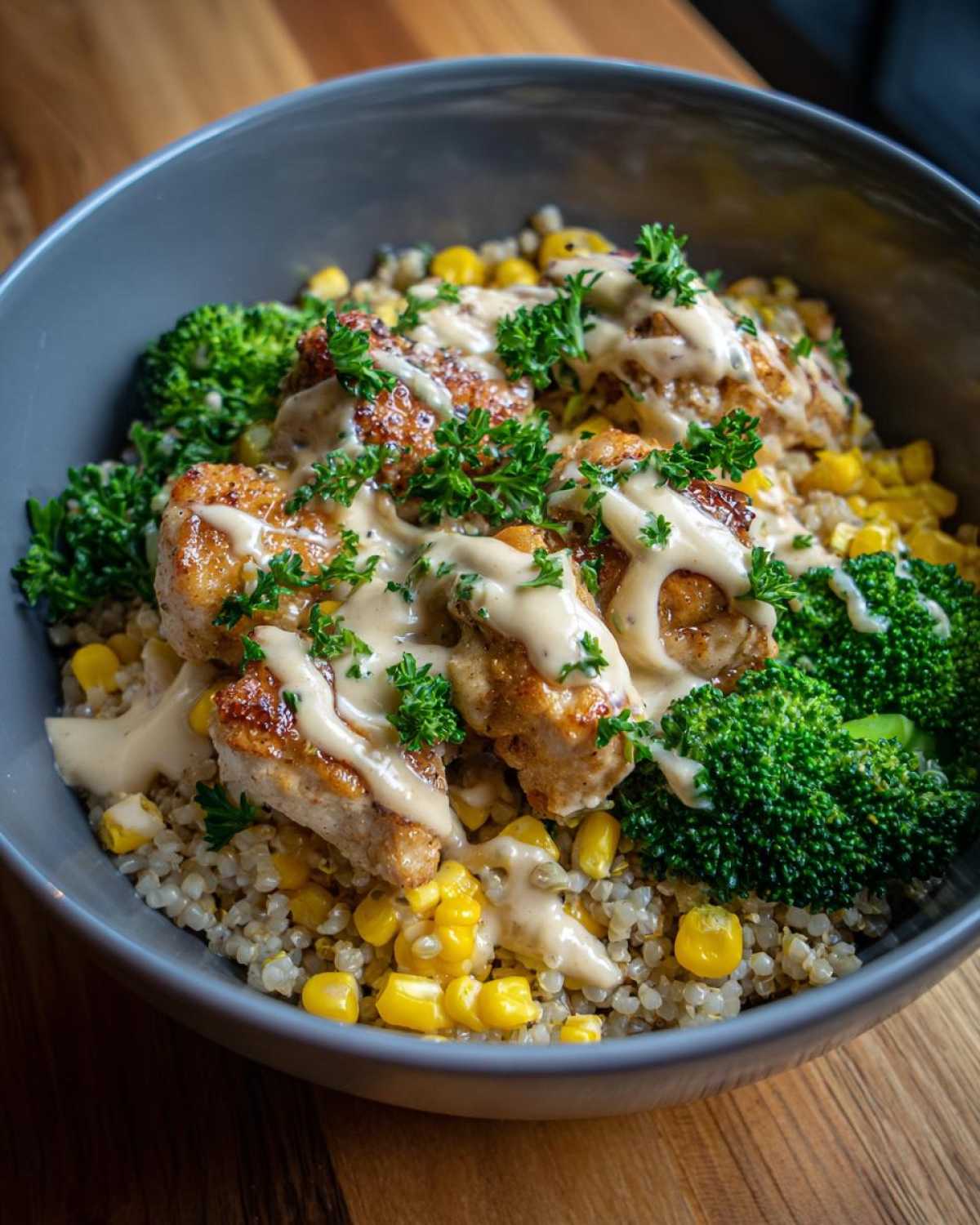 Close-up of a Honey Mustard Chicken Bowl featuring seared chicken pieces, broccoli, corn, and quinoa topped with a creamy sauce and parsley.