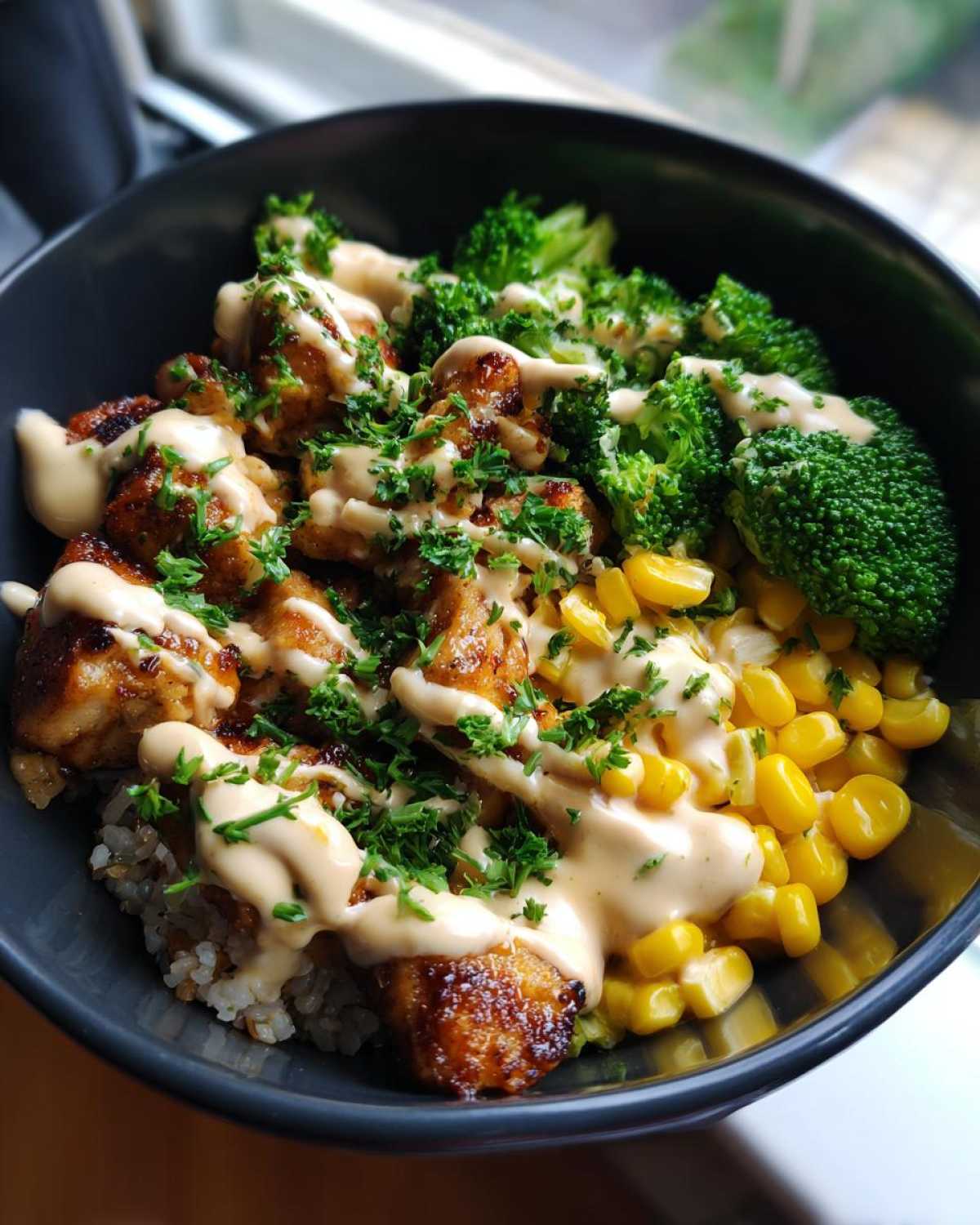A close-up of a Honey Mustard Chicken Bowl featuring glazed chicken pieces, bright green broccoli, corn, and drizzled with a creamy sauce.