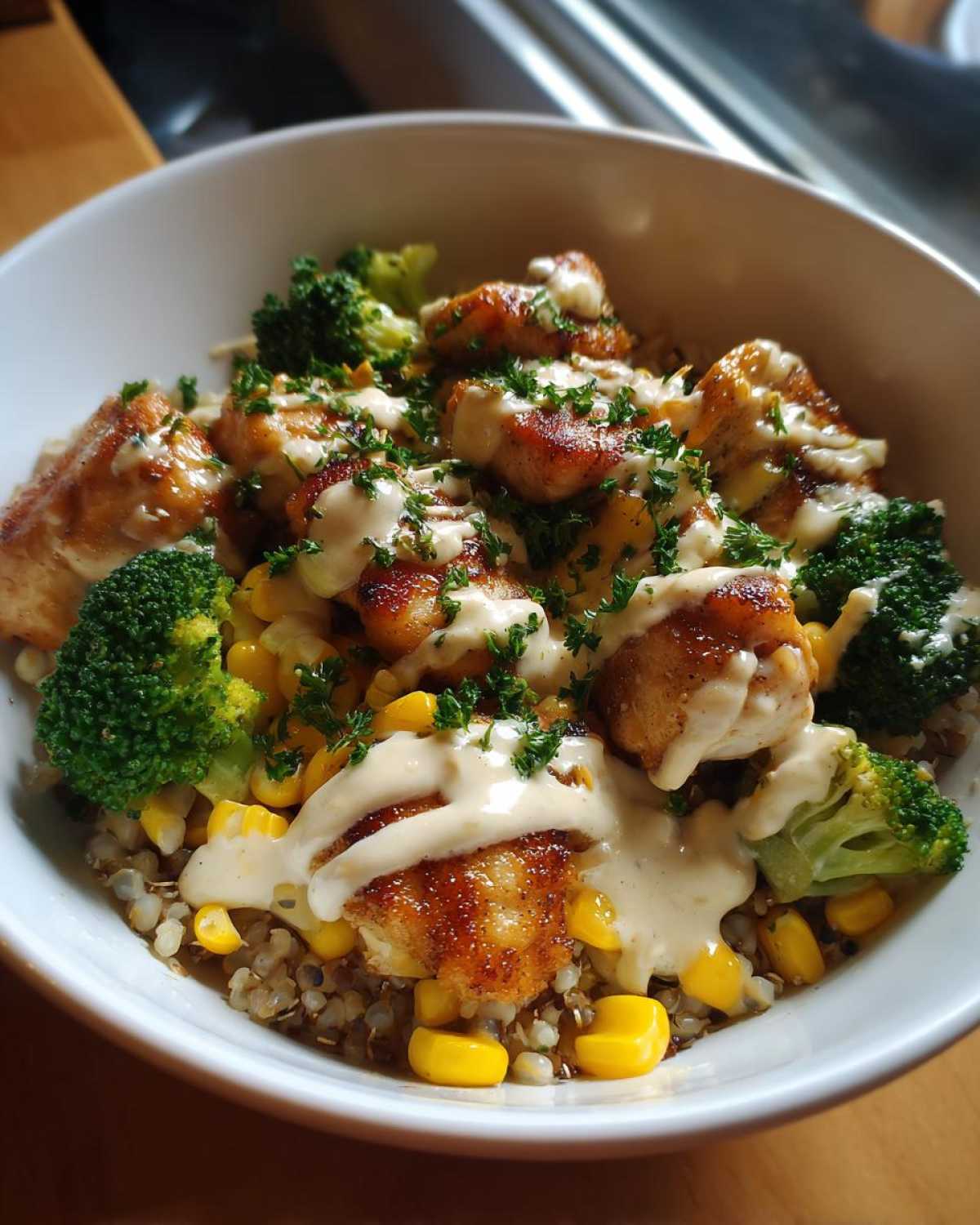 Close-up of a Honey Mustard Chicken Bowl featuring seared chicken pieces, corn, broccoli, and a generous drizzle of creamy sauce.