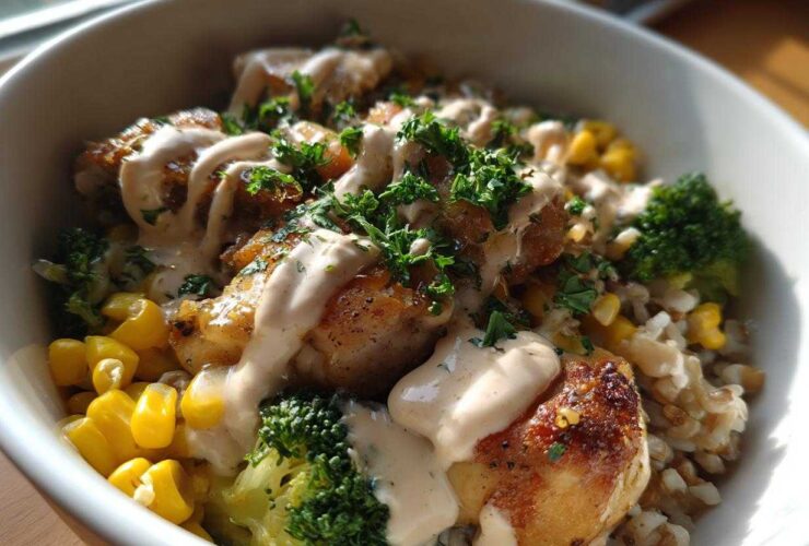 Close-up of a Honey Mustard Chicken Bowl featuring seared chicken pieces, corn, broccoli, and drizzled with a creamy sauce.