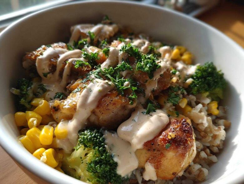 Close-up of a Honey Mustard Chicken Bowl featuring seared chicken pieces, corn, broccoli, and drizzled with a creamy sauce.