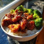 Close-up of a Honey Soy Chicken Bowl Quick Dinner Idea featuring glazed chicken pieces over white rice and bright green steamed broccoli, topped with sesame seeds.