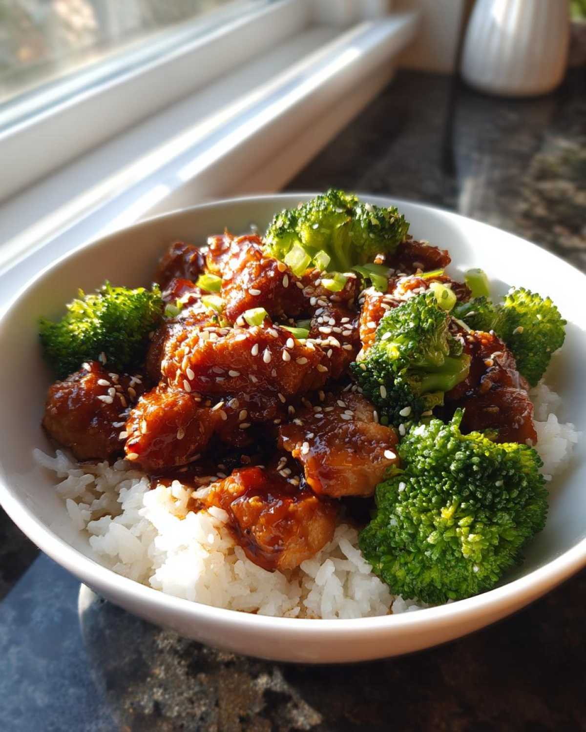 A close-up of a Honey Soy Chicken Bowl Quick Dinner Idea featuring glazed chicken pieces over white rice and bright green broccoli florets.