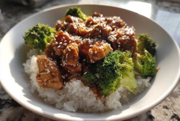 A close-up of a Honey Soy Chicken Bowl Quick Dinner Idea featuring glazed chicken pieces over white rice and bright green broccoli florets, topped with sesame seeds.