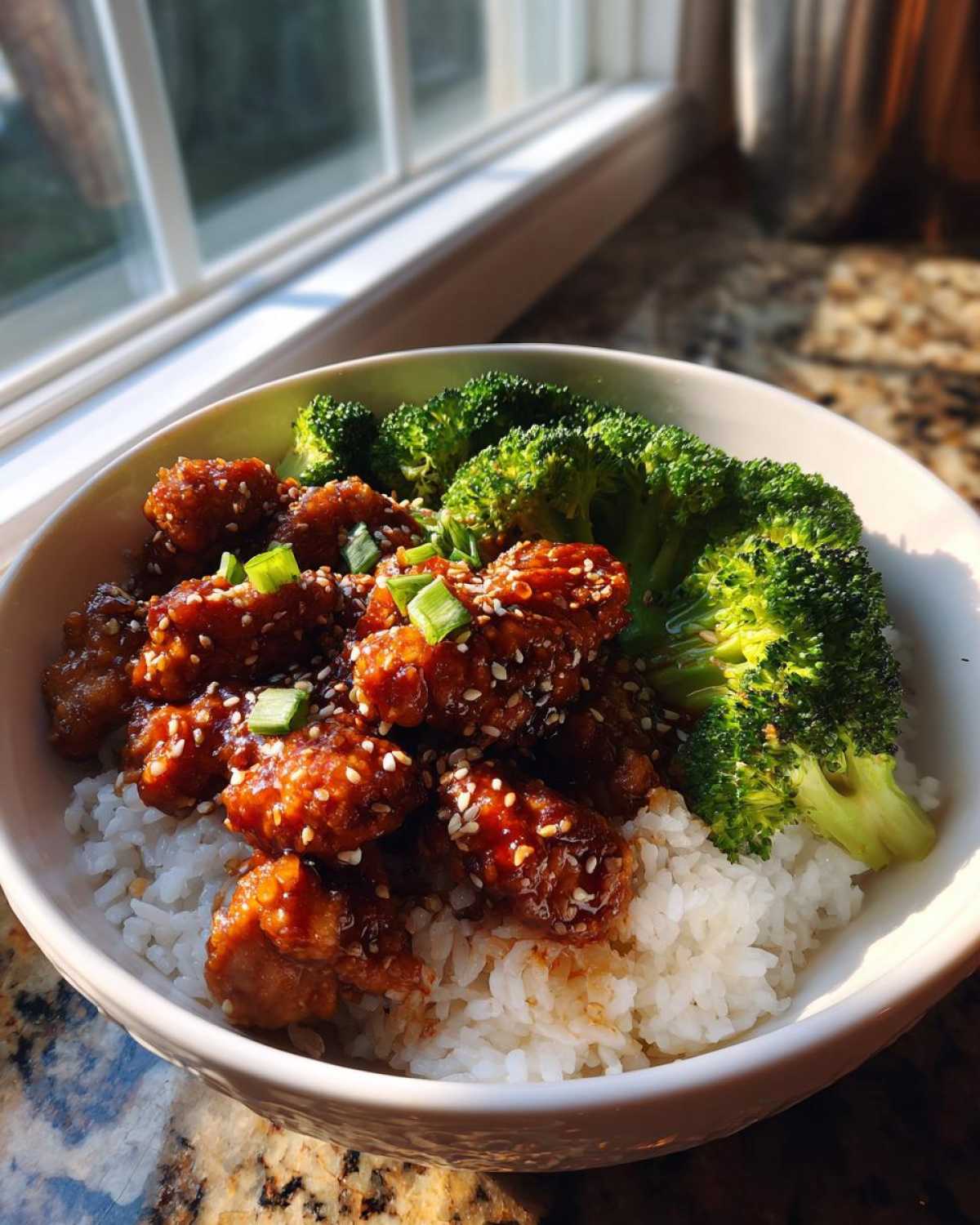 A close-up of a Honey Soy Chicken Bowl Quick Dinner Idea featuring glazed chicken pieces over rice with steamed broccoli.
